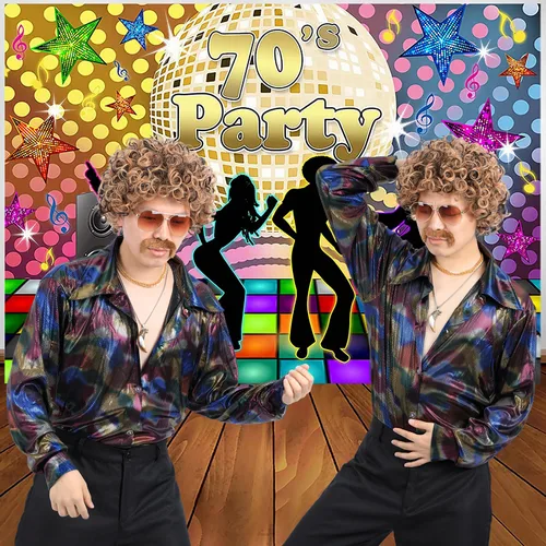 Vista 2 de Juego de 6 pelucas de discoteca de los años 70 y 80 con lentes de bigote, collar de lobo artificial, cadena dorada, cabello corto y rizado, peluca