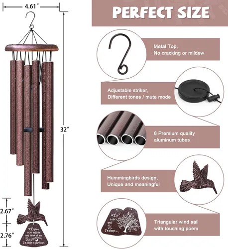 Vista 4 de Campanillas de viento de condolencias con hilandero de viento de colibrí, campanillas de viento conmemorativas para la pérdida de un ser querido