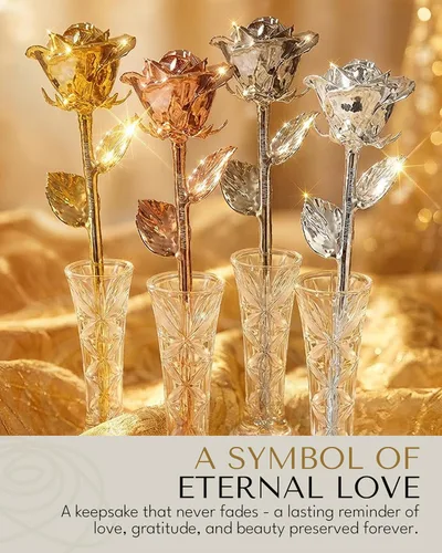 Vista 9 de Forever Rose Rosa bañada en oro de 24 quilates, flor de oro grabada con láser personalizada en un elegante jarrón de vidrio y caja lista