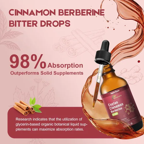 Vista 6 de Ceilán canela berberina amarga gotas líquidas suplemento con cúrcuma, té verde, vinagre de sidra de manzana, aceite de semillas negras