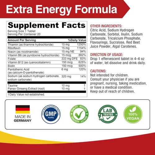 Vista 3 de LOVITA Comprimidos efervescentes del complejo de vitamina B, 20 unidades, más extracto de taurina y ginseng, apoya el metabolismo energético, sabor