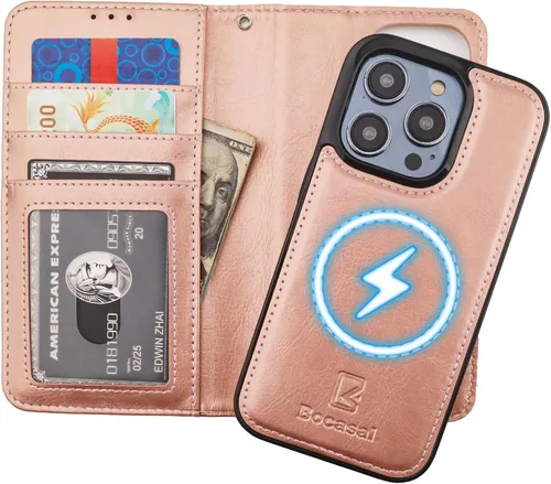 Vista 10 de Bocasal Funda tipo cartera desmontable para iPhone 14 Pro con bloqueo RFID, ranuras para tarjetas, soporte magnético de piel sintética de alta