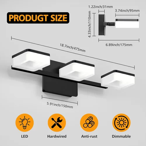 Vista 2 de Luz LED negra para tocador de baño, accesorios de iluminación de pared modernos, accesorios de iluminación de baño de 3 luces sobre espejo, rotación