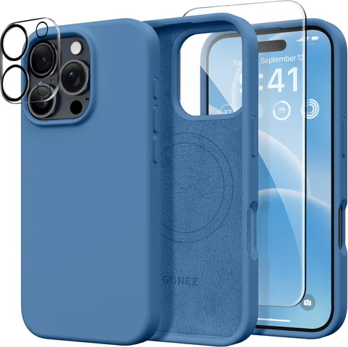 Vista 370 de GONEZ Funda magnética para iPhone 14, compatible con Magsafe, con protector de pantalla + protector de cámara, forro de microfibra antiarañazos