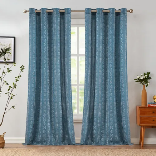 Vista 2 de Vangao Cortinas bohemias con estampado de rayas azules, cortinas de granja de 96 pulgadas de largo, 2 paneles de cortinas de mezcla de lino