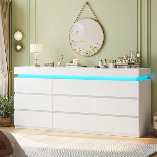 Vista 17 de HAUOMS Cómoda alta de 7 cajones con luz LED, cómoda moderna negra para dormitorio, vestidor de armario con cajones para sala de estar, entrada