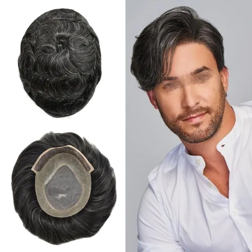 Vista 8 de Pieza de pelo de tupé para hombre, cabello humano real, frontal, línea capilar natural, sistema de reemplazo para hombres, unidades de cabello