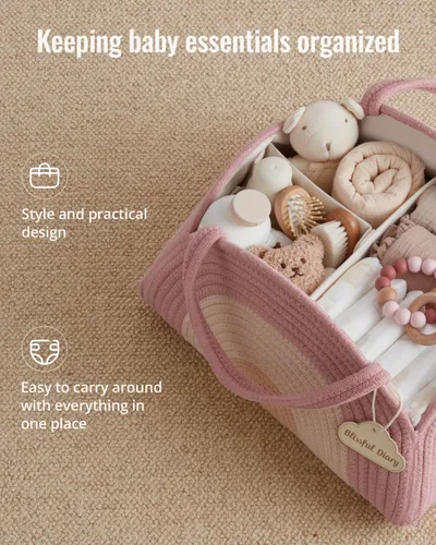 Vista 2 de Blissful Diary Organizador de Cestas de Pañales para Bebé, Cesta de Pañales de Cuerda de Algodón, Cesta de Almacenamiento Grande para Recién Nacidos