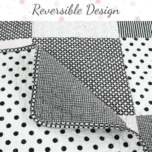 Vista 3 de Cozy Line Home Fashions - Juego de ropa de cama reversible de lunares y rayas en negro, blanco y rosa, con estrellas, de 100% algodón, colcha