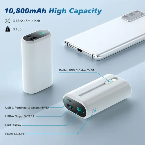 Vista 4 de Cargador portátil pequeño de 10800 mAh con cable USB-C integrado, mini PD 3A, cargador de batería de carga rápida, pantalla LCD ultracompacta