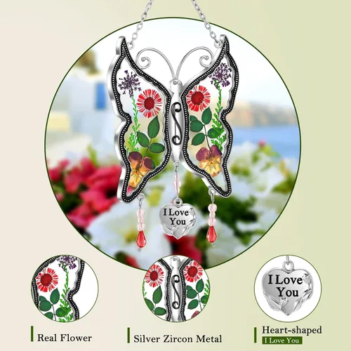 Vista 2 de KY&BOSAM - Adorno consistente en cristales atrapaluz con forma de mamá mariposa, carillón de viento con forma de mariposa con alas con flores