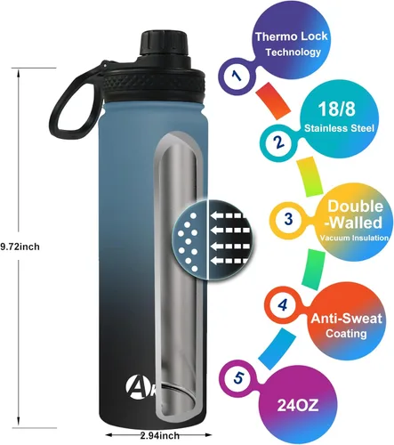 Vista 3 de Akyta Botella de agua de 24 onzas, botella de agua deportiva con tapa con popote, tapa de boquilla, acero inoxidable aislado al vacío, botella