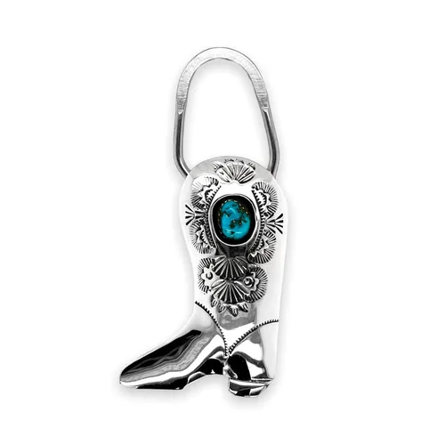 Genuine Kingman Turquoise Keychain, Native American Handmade, Western Boot, Made in New Mexico, USA, Shadowbox Style