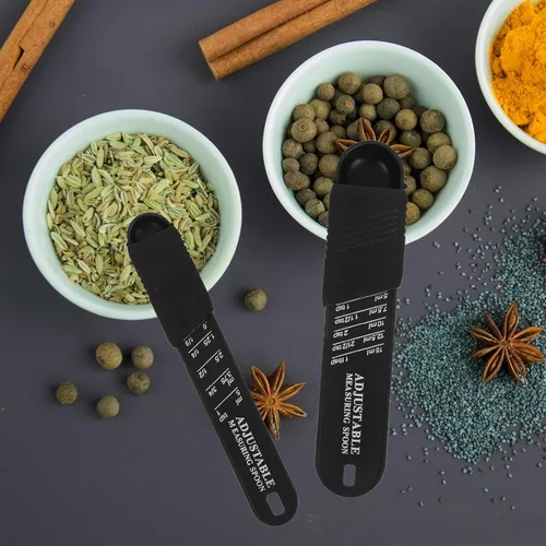 Vista 4 de Housoutil Adjustable Measuring Spoon Set with Scale, 2pcs Black Plastic Seasoning and Powder Measuring Spoons for Baking and Cooking