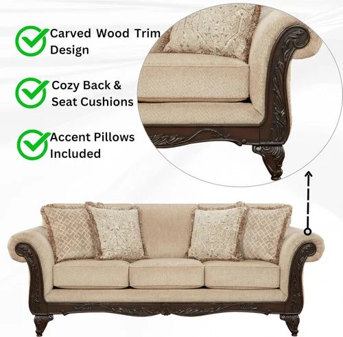 Vista 4 de Roundhill Furniture Hernen - Juego de sala de estar de 2 piezas, sofá con marco de madera tallada y sofá biplaza, trigo beige