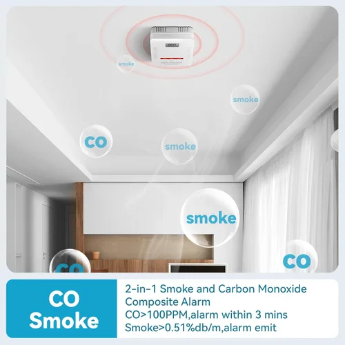Vista 2 de Detector de humo, detector de monóxido de carbono, alarma de incendio y CO 2 en 1, funciona con pilas, detector de gas de monóxido de carbono