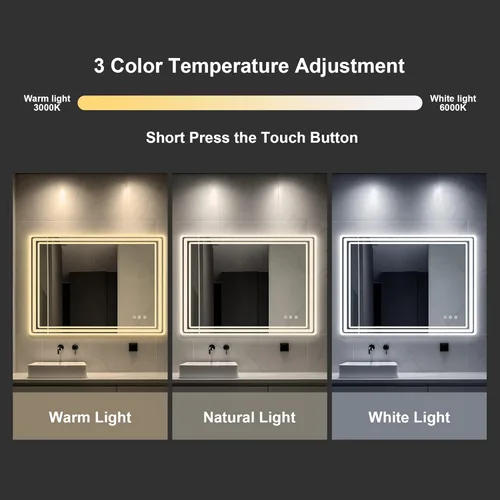 Vista 3 de Espejo LED para baño, espejo de baño iluminado de 32 x 24 pulgadas con luces, espejo de baño LED antiniebla, espejos de pared iluminados regulables