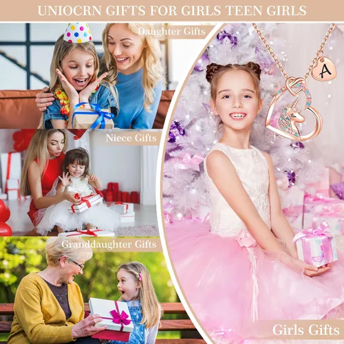 Vista 3 de Hidepoo Collar de unicornio para niñas Collar de unicornio chapado en oro de 14 quilates, oro rosa, oro blanco, circonita cúbica, collar