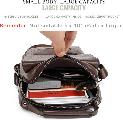 Vista 6 de HANGMAI Small Leather Messenger Bag Shoulder Crossbody for Mens Travel Office Business Magnetic Buckle Adjustable Strap