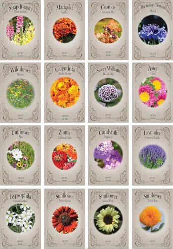 Valley Greene Juego de 16 semillas de flores de reliquia, sin OMG, 16 variedades, semillas de flores surtidas, paquetes sellados individualmente