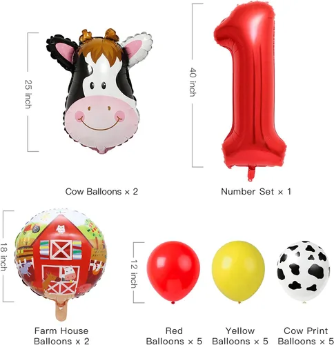 Vista 2 de Globos de vaca para decoración de fiesta de cumpleaños de animales de granja, suministros de globos de granero con globo grande número 1
