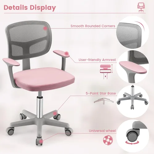 Vista 4 de Silla de escritorio para niños, silla ergonómica giratoria para estudio con soporte lumbar, malla transpirable y ruedas universales, silla de Rosa