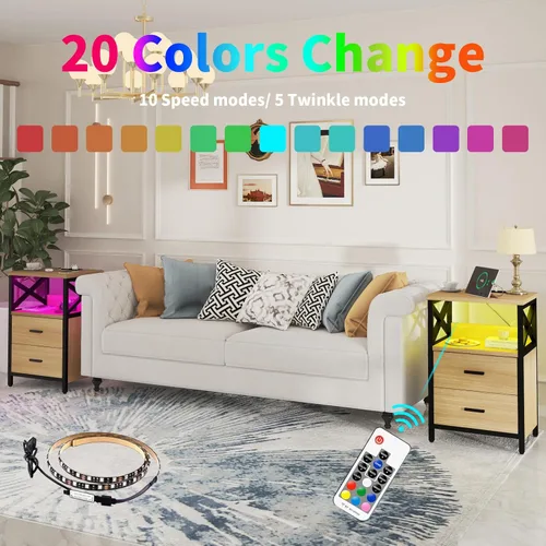 Vista 14 de Mesita de noche LED con estación de carga, mesa auxiliar con puertos USB y tomas, mesa auxiliar para espacios pequeños, mesitas de noche blancas