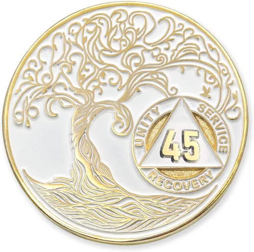 Vista 49 de 1 año Sobriety Mint Twisted Tree of Life Medallón de recuperación AA chapado en oro, chip/ficha - negro