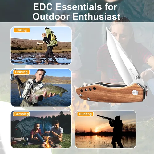 Vista 7 de Vickay - Cuchillo plegable de bolsillo con clip, hoja de acero 8Cr13MoV de 2.95", mango de madera, cuchillo EDC para hombres y mujeres, cuchillo