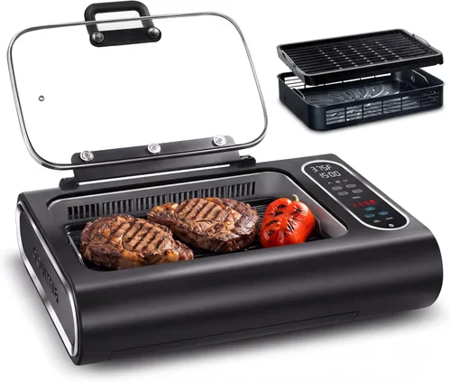 Gourmia Parrilla de interior sin humo y freidora de aire con libro de recetas, parrilla eléctrica para uso en interiores, cocina de encimera 5 en 1