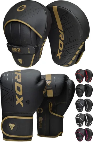 Vista 12 de RDX Juego de almohadillas y guantes de boxeo, Maya Hide Leather Kara Hook y Jab Curvo Focus Mitts con guantes de perforación para MMA, Muay Thai