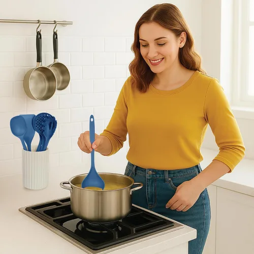 Vista 6 de Glad Juego de utensilios de cocina, 8 piezas, herramientas de cocina antiadherentes con soporte para utensilios, cuchara de nailon, cucharón, Azul