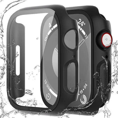 QCKANLJ Paquete de 2 fundas impermeables para Apple Watch Series 9, 8, 7, 1.614 in, con protector de pantalla de vidrio templado, iWatch de
