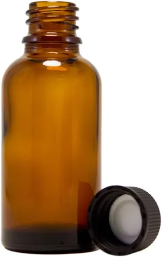 GreenHealth Paquete de 4 botellas de vidrio ámbar de 1 oz para aceites esenciales, mini botellas redondas Boston con tapas, tapa de plástico negra