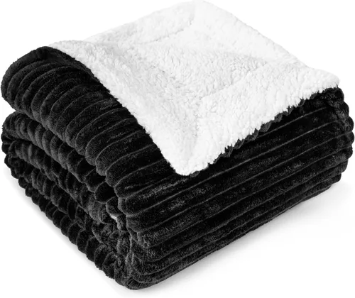 PAVILIA Manta negra de forro polar Sherpa para sofá, manta suave y mullida, manta Sherpa de franela esponjosa para sofá, cálida manta de invierno
