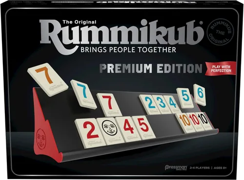Rummikub Edición Premium de Pressman - Incluye estantes - Azulejos grandes con números grabados y una bolsa de almacenamiento para la experiencia
