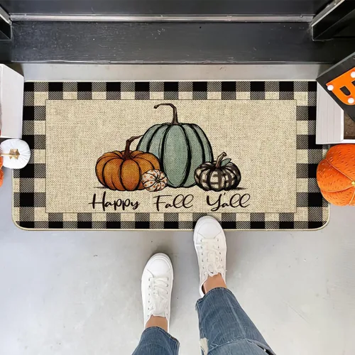 Vista 2 de Felpudo "Happy Fall Y'all" de otoño con diseño de calabaza a cuadros de búfalo, alfombras de pasillo de granja de otoño, tapete de piso de entrada