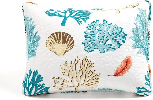 Vista 4 de Lush Decor Coastal Reef Feather - Juego de edredón reversible de 5 piezas, tamaño individual/individual XL, azul y coral, juego de ropa de cama