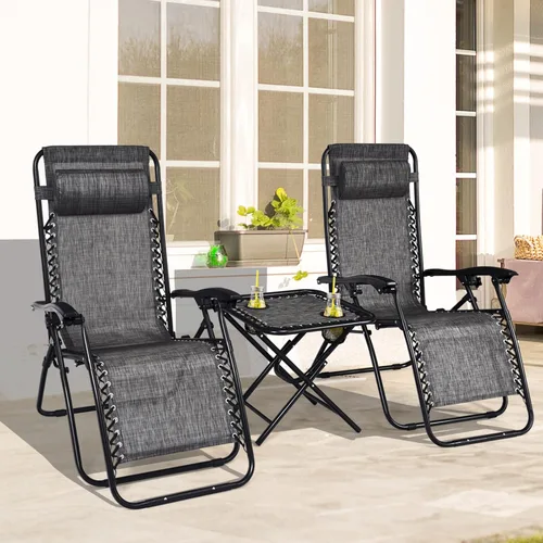 Vista 4 de HAPPYGRILL Juego de sillas de salón Zero Gravity con mesa auxiliar, sillas reclinables plegables con mesa auxiliar y almohada, juego de 3 piezas