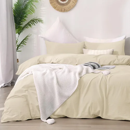 Vista 25 de ATsense Funda de edredón tamaño individual, 100% algodón lavado, sensación de lino, funda de edredón blanco hueso, juego de ropa de cama de 3