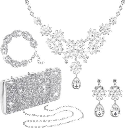 Juego de 4 piezas de plata con diamantes de imitación para mujer, bolsa de mano con purpurina y aretes colgantes de cristal, collar de boda,