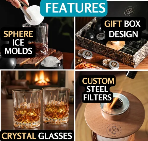 Vista 4 de Kit de Ahumador de Whisky - Kit de Ahumador de Cóctel con Soplete, 2 Vasos de Whisky, 2 Fabricantes de Bolas de Hielo, Virutas de Madera de 6