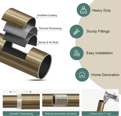 Vista 7 de Lootkell Barras de cortina de bronce antiguo para ventanas de 28 a 48 pulgadas, longitud ajustable, resistente, 1 pulgada de diámetro, con remates