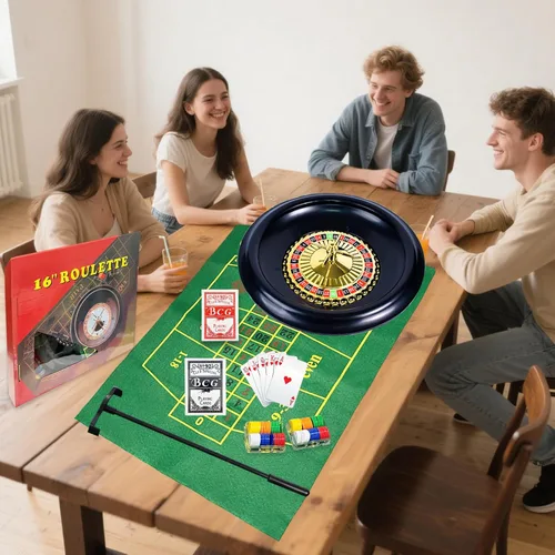 Vista 7 de Juego de ruedas de ruleta profesional de 16 pulgadas con 120 fichas, 2 mazos de cartas, tapete de mesa de juego reversible, rastrillo y bolas