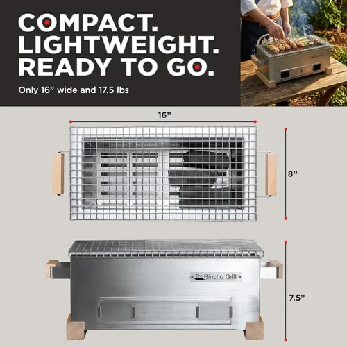 Vista 6 de The Bincho Grill – Parrilla mini de 16 pulgadas para yakitori – Parrilla de carbón de mesa en acero inoxidable con caja de carbón, flujo de aire