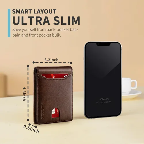 Vista 3 de RUNBOX Billetera delgada para hombre de cuero minimalista con bloqueo RFID plegable con caja de regalo, Minimalista