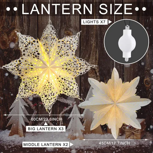 Vista 2 de Mudder 5 Piezas Faroles Grandes de Papel de Copo de Nieve de Navidad con 7 Luces de 23.6/17.7 Pulgadas, Lámpara Colgante 3D de Papel de Estrella