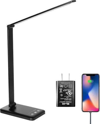 Vista 10 de Lámpara de escritorio LED con cargador inalámbrico, lámparas de mesa para el cuidado de los ojos, lámpara de oficina regulable sin pasos con puerto