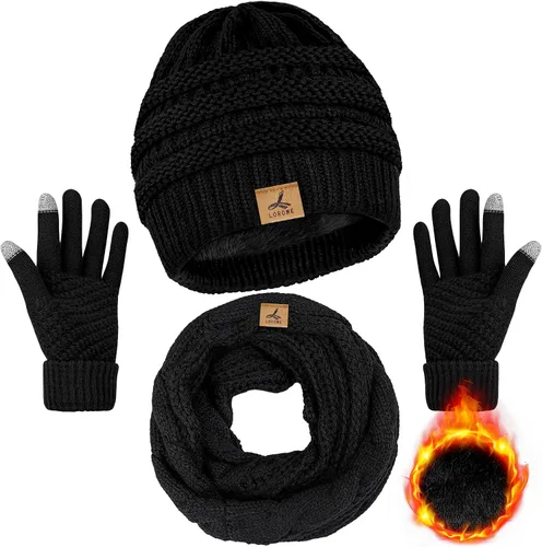 Gorro de invierno, bufanda, guantes de punto de forro polar cálido, guantes de pantalla táctil, bufanda, regalos de invierno para mujeres y hombres