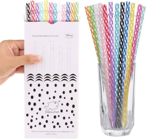 Vista 6 de Dakoufish 12 popotes gruesos de plástico reutilizables de 6 pulgadas, sin BPA, pajitas de tarro de masón, a rayas pequeñas transparentes